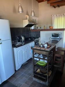 a kitchen with a stove and a white refrigerator at Isla Casinha Delta Tigre in Tigre +15 photos