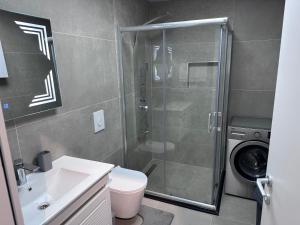 a bathroom with a shower and a toilet and a sink at Dialb Apartments in Debar +27 photos