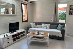a living room with a couch and a tv at chalet with swimming pool in leisure park in Gujan-Mestras +13 photos