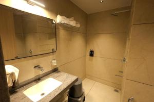 a bathroom with a sink and a mirror at Sarju Palace in Valsād +50 photos