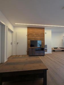 a living room with a tv and a wooden wall at Pollross Apartments in Reichenau