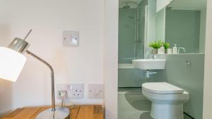 a bathroom with a toilet and a sink and a lamp at Bath Cottage in Caernarfon +66 photos