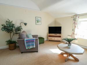 a living room with a chair and a tv at Castle Gardens Apartment in Beaumaris