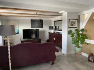 a living room with a purple couch and a tv at Cora in Pruchten