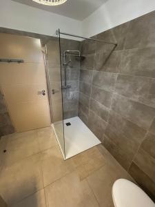 a shower with a glass door in a bathroom at Résidence A Traggina in Prunelli-di-Fiumorbo +1 photo