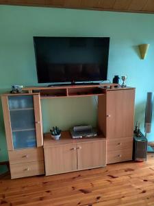 ein großes Entertainment-Center mit Flachbildfernseher in der Unterkunft Studija viloje-Quiet Apartment 15 min from Airport in Kaunas