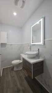 a bathroom with a sink and a toilet and a mirror at Southington Motor Lodge in Southington