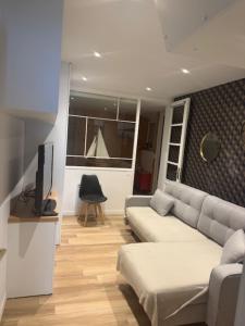 a living room with a couch and a tv at Un écrin chic à deux pas de la mer in Merlimont