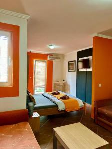 a bed in a room with orange and blue walls at ApartMonte in Budva