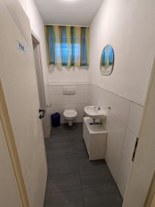 a small bathroom with a toilet and a sink at Souterrainwohnung in Kelheim