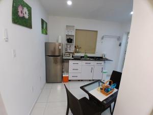 a kitchen with a table and a stainless steel refrigerator at Cayenas Apartament in Willemstad