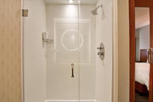a bathroom with a shower with a glass door at SpringHill Suites Denver at Anschutz Medical Campus in Aurora