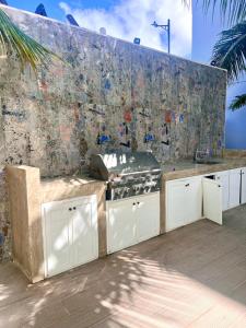 a kitchen with a counter with a grill and a wall at Downtown Chic Donde inicia la diversión en Punta Cana in Punta Cana