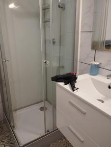 a bathroom with a glass shower and a sink at Le Kalblin in Fréland