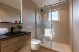 a bathroom with a shower and a toilet and a sink at Casiola - Cosy apartment with vintage interior in De Haan +18 photos