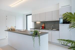 a white kitchen with white cabinets and a counter at Casiola - Apartment with two large terraces in Zedelgem