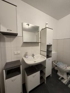 a white bathroom with a sink and a toilet at Gaststätte Seehaus Maroth in Maroth
