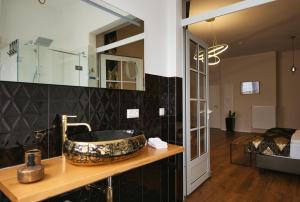 a bathroom with a sink and a large mirror at Residence Black Eagle Lubmin Strand in Lubmin +41 photos