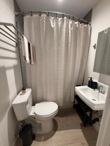 a white bathroom with a toilet and a sink at Golden Sol Casita in Tempe +21 photos