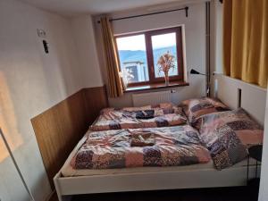 two beds in a small room with a window at Small House on Vrbica in Vrbice