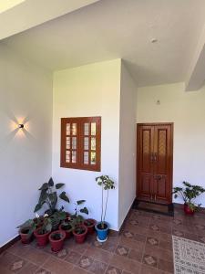 a room with a bunch of potted plants next to a door at R's Bolli Kudike in Madikeri