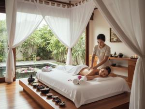 a woman laying on a bed in a bedroom with a woman standing at Wisdom Park Caravan Camp Pattaya in Ban Khao Mai Kaeo