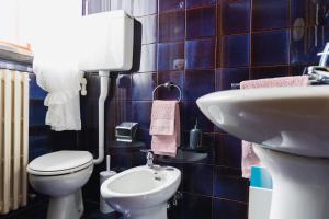a blue tiled bathroom with a toilet and a sink at Casa Montefiori in Montefiore dellʼAso +25 photos