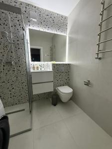 a bathroom with a toilet and a shower and a mirror at GS Green Apartment in Starokostyantyniv