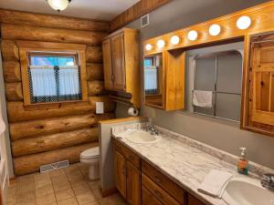 a bathroom with a sink and a toilet and a mirror at Katherine Lake Lodge in Hazelhurst