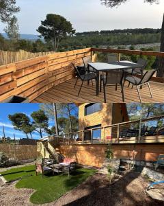 a deck with a table and chairs on it at Chalet Ali Vue panoramique in Le Castellet