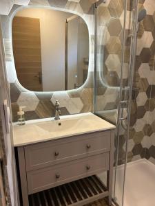 a bathroom with a sink and a mirror at Chalet Ali Vue panoramique in Le Castellet +13 photos
