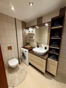 a bathroom with a sink and a washing machine at Vallikraavi Old Town Apartment in Tartu +5 photos