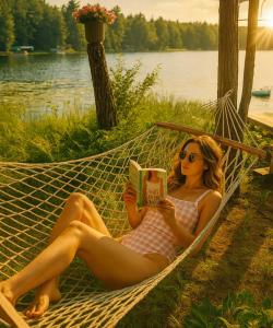 a woman laying in a hammock reading a book at Brandy Bay Hideaway: Pet Friendly Retreat in Arbor Vitae