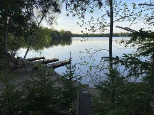 a dock on the side of a lake at Gresham Shores - Lil' Sunfish - PET FRIENDLY in Arbor Vitae