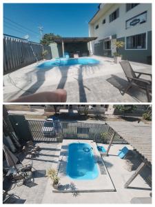 two pictures of a swimming pool in a backyard at Pousada Recanto Vo da Maria com Piscina a 440mt da praia in Pontal do Paraná