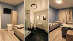two pictures of a room with two beds and a bathroom at Ahmad sweet home in Vardø