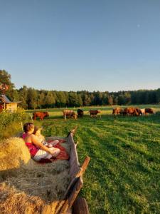 a woman and a child sitting on a pile of hay in a field at Agroturystyka Leśna Malinka in Celejów