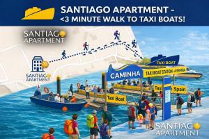 an advertisement for santasico apartment and minute walk to taxi boats at Santiago Apartment in Caminha