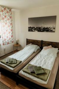 two twin beds in a room with a picture on the wall at Berlin Home by RentALL in Gheorgheni