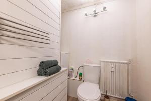 a white bathroom with a toilet and a radiator at Studio plein centre in Aix-les-Bains +4 photos