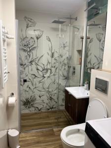 a bathroom with a shower and a toilet at Apartament Emilia in Koszalin