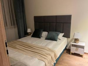 a bedroom with a large bed with a large headboard at Apartament Emilia in Koszalin