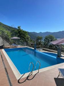 a large blue swimming pool with mountains in the background at Residence Il Vigneto - Casa Sopralago in Oggebbio