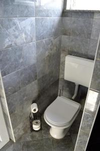 a bathroom with a toilet and a tiled wall at MM Studio in Donji Miholjac +28 photos