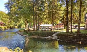 a river with trees and stairs next to a building at EVASION LOUE #6 x2 people "La BRIQUERIE" in Lods