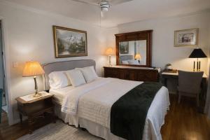 a bedroom with a bed and a desk and a mirror at Charming Getaway Make Memories in Sterling Heights