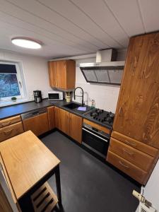 a kitchen with wooden cabinets and a stove and a table at Waldidyll in Plötzky