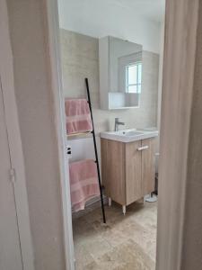 a bathroom with a sink and a mirror at domaine des trois rivières in Sainte-Marguerite-de-Viette +18 photos