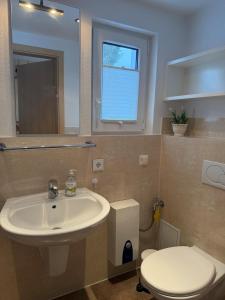 a bathroom with a sink and a toilet and a mirror at Haus Ostseewind in Zingst