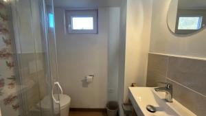 a bathroom with a shower and a sink and a toilet at Da Teo & Lisa in Vignone
